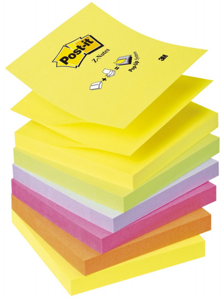 Post-it® Haftnotiz Z-Notes Neon, 76 x 76 mm, 70 g/qm, neonfarben, 100 Blatt, 6 Block