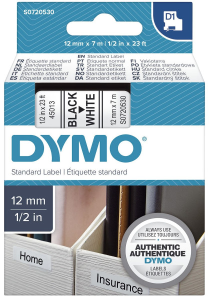 Dymo® 45013, S0720530 Schriftband D1, 12mm x 7m, schwarz auf weiß,