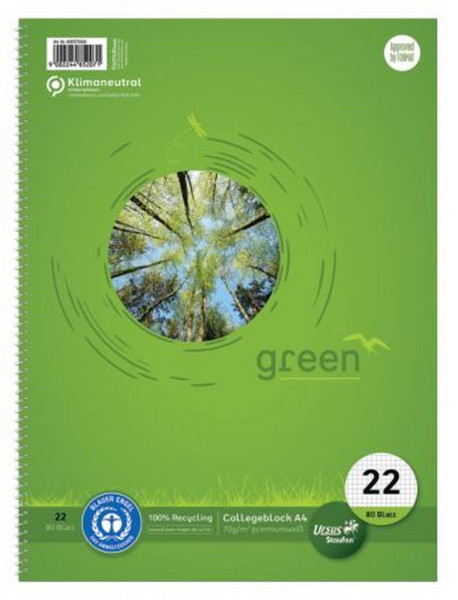 Ursus Green Kollegeblock, A4, 80 Blatt, 70g/qm, 5 mm, kariert