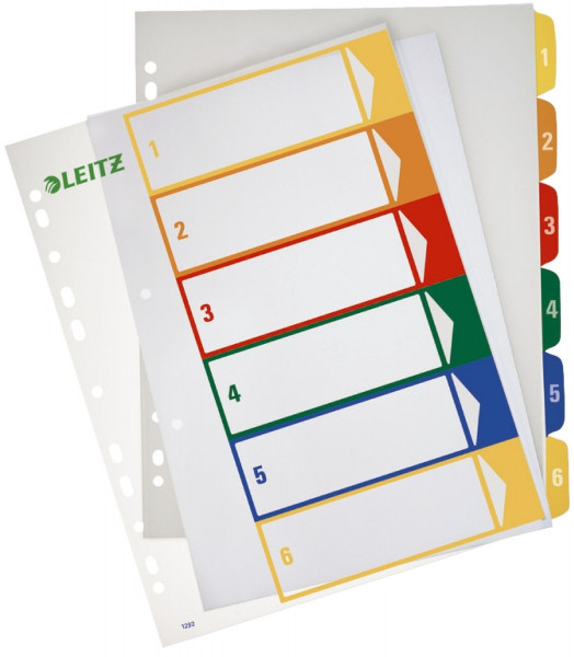 Leitz 1292 Zahlenregister 1-6, PP, blanko, bedruckbar, A4 Überbreite, 6 Blatt, farbig