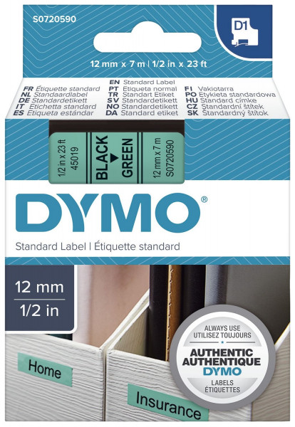 Dymo® 45019, S0720590 Schriftband D1, 12mm x 7 m, schwarz auf grün