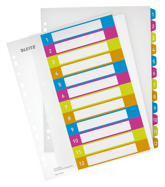 Leitz 1244 Register 1-12, Serie WOW A4 Überbreite, PP, 12 Blatt, farbig