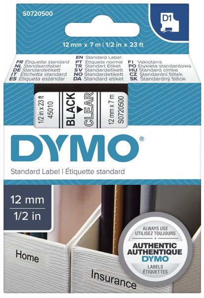 Dymo® 45010, S0720500 Schriftband D1, 12mm x 7 m, schwarz auf ransparent