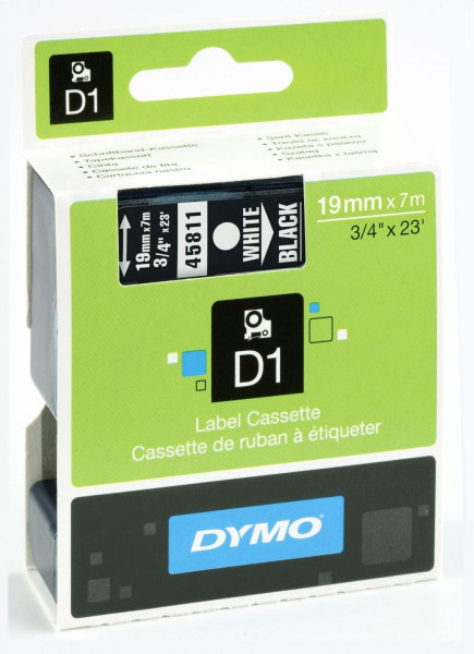 Dymo® 45811 Schriftband D1, Kunststoff, laminiert, 7 m x 19 mm, Weiß/Schwarz