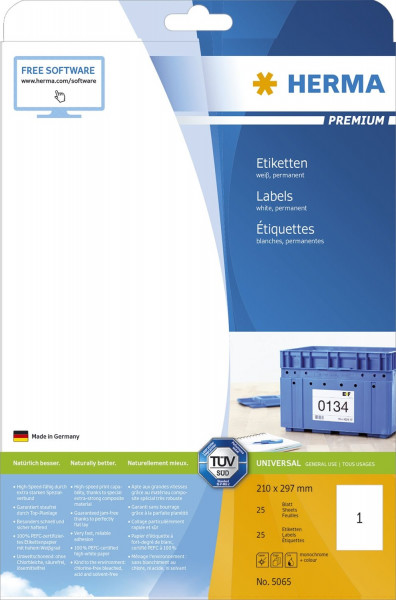 Herma 5065 Etiketten Premium A4, weiß 210x297 mm Papier matt 25 St.