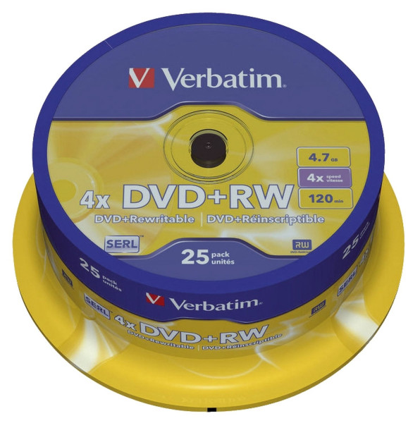 Verbatim DVD+RW - 4.7GB/120Min, 4-fach/Spindel, Packung mit 25 Stück