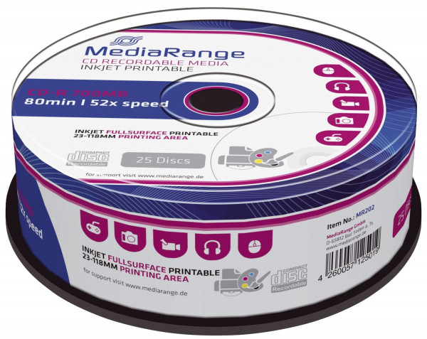 MediaRange CD-R Rohlinge - 700MB/80Min, 52-fach/Spindel,bedruckbar, Packung mit 25 Stück