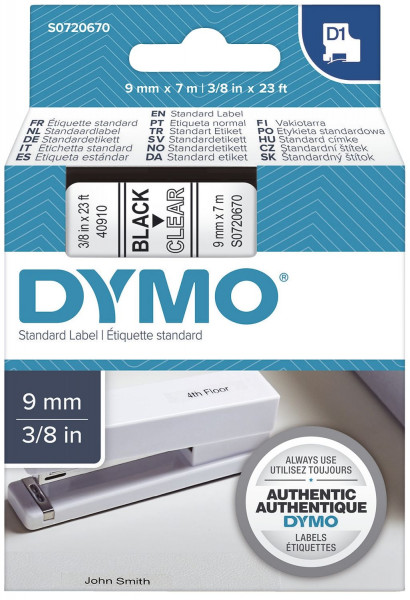 Dymo® 40910 Schriftband D1, Kunststoff, laminiert, 7 m x 9 mm, Schwarz/Transparent