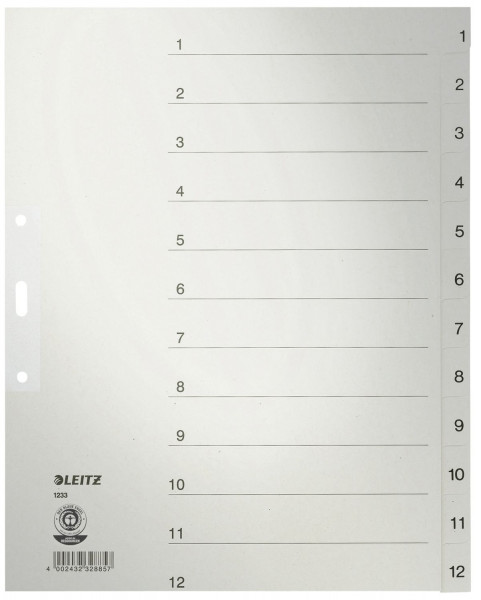 Leitz 1233 Zahlenregister 1-12 Papier A4 Überbreite 12 Blatt grau