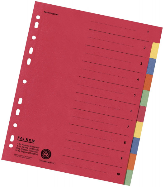Falken Zahlenregister 1-10, Karton farbig, A4, 5 Farben, gelocht mit Orgadruck