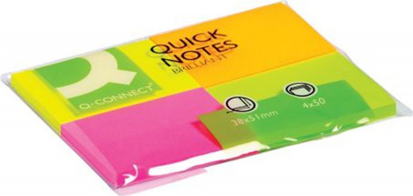 Q-Connect Haftnotizen Quick Notes - Brilliantfarben, 40 x 50 mm, 4x50 Blatt