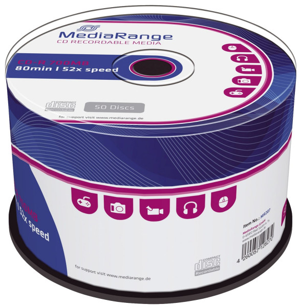 MediaRange CD-R Rohlinge 700MB/80Min, 52-fach/Spindel, Packung mit 50 Stück