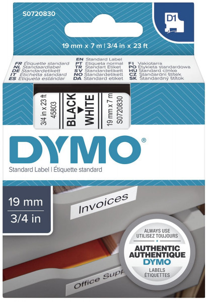 Dymo® 45803 Schriftband D1, laminiert, 19mmx7m, schwarz/weiß