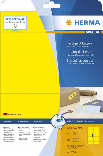 Herma 5058 Etiketten gelb, 105 x 42,3 mm, Papier, matt, 280 Stück, ablösbar