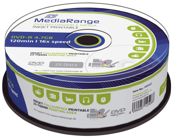 MediaRange DVD-R - 4.7GB/120Min,16-fach/Spindel,bedruckbar, Packung mit 25 Stück