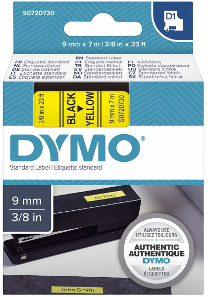 Dymo® 40918 Schriftband D1, Kunststoff, laminiert, 7 m x 9 mm, Schwarz/Gelb
