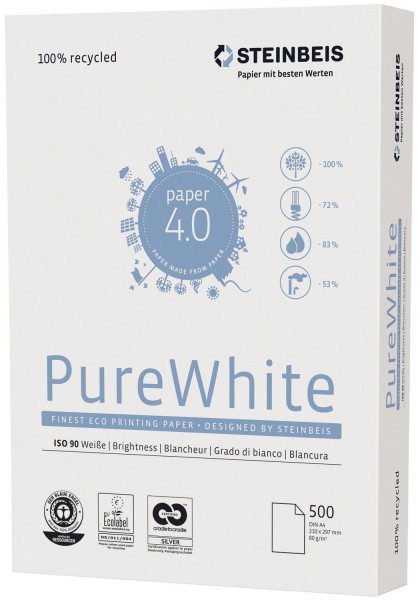 Steinbeis Pure white A4, Recycling, 80g, weiß, 500 Blatt