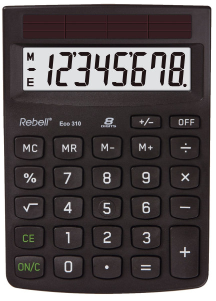 Rebell Tischrechner Eco 310, 100%Solar, einzeilig, 8 Stellen, 102x143x29mm,schwarz