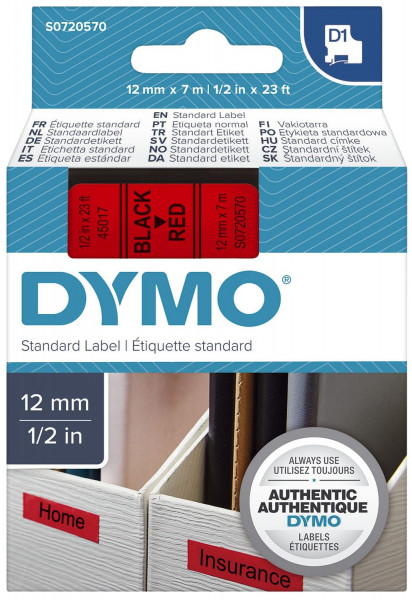 Dymo® 45017, S0720570 Schriftband D1, 12mm x 7 m, schwarz auf rot