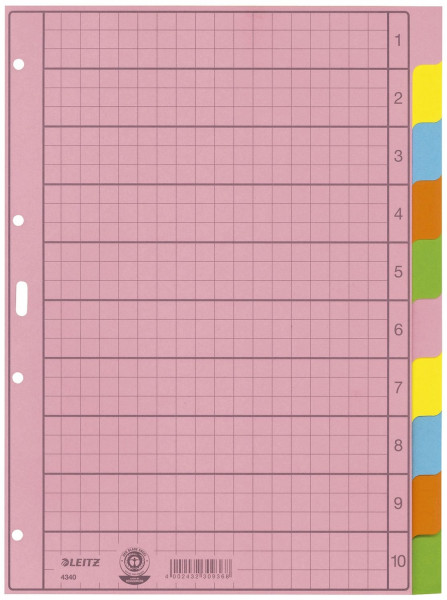 Leitz 4340 Register blanko, Papier, A4, 10 Blatt, Taben 2x 5-farbig