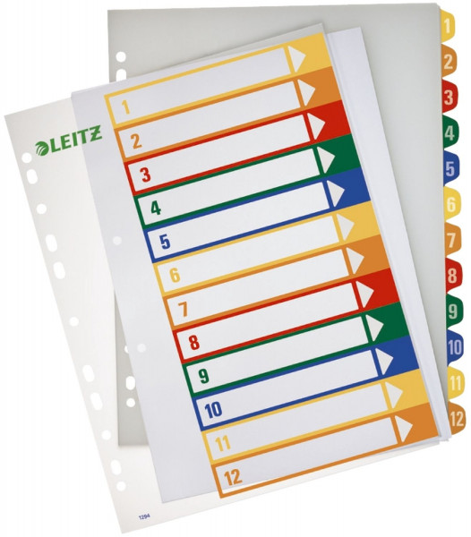 Leitz 1294 Zahlenregister 1-12, PP, blanko, bedruckbar, A4 Überbreite, 12 Blatt, farbig
