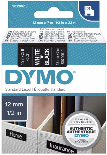 Dymo® 45021, S0720610 Schriftband D1, 12mm x7 m, weiß auf schwarz