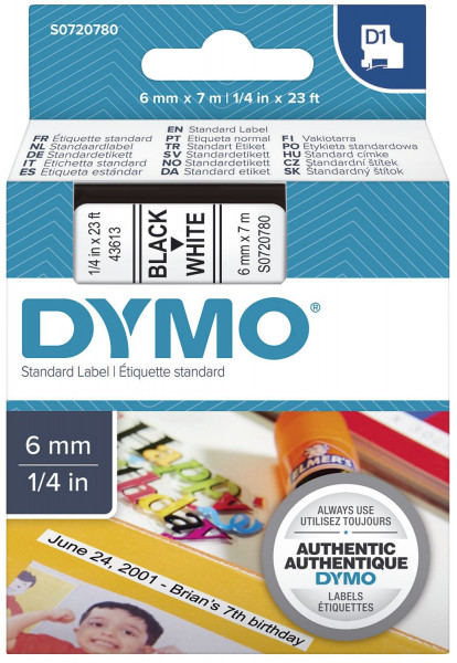 Dymo® 43613 Schriftband D1, Kunststoff, laminiert, 7 m x 6 mm, Schwarz/Weiß