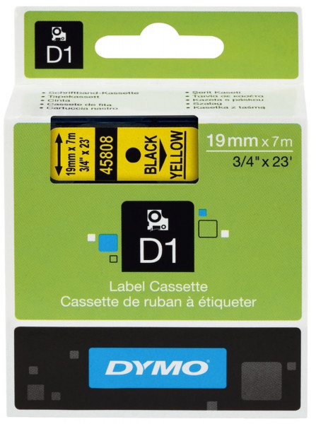 Dymo® 45808 Schriftband D1, Kunststoff, laminiert, 7 m x 19 mm, Schwarz/Gelb