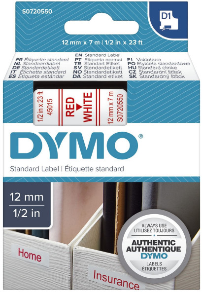 Dymo® 45015, S0720550 Schriftband D1, 12mm x 7 m, rot auf weiß