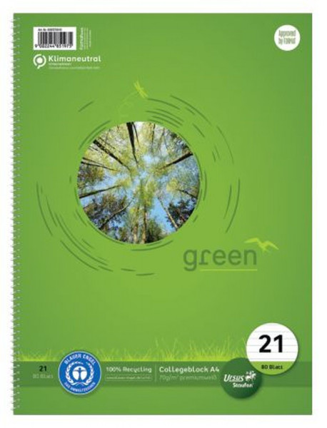Ursus Green Kollegeblock, A4, 80 Blatt, 70g/qm, 9 mm, liniert