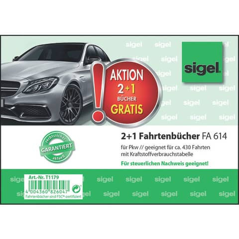 Aktion 2+1 Sigel FA614 Fahrtenbuch, für Pkw, A6 quer, 40 Blatt