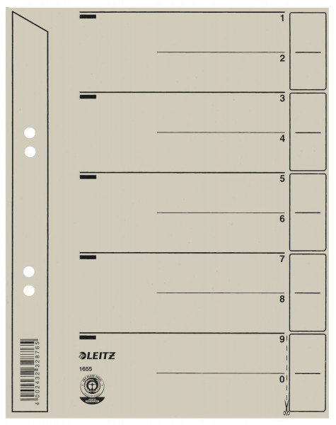 Leitz 1654 Trennblätter Lochung geöst, Überbreite, A4, grau, 100 Stück