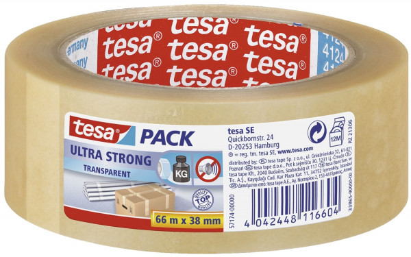 Tesa® Packband 66 m x 38 mm, transparent tesapack® Ultra Strong, PVC, 66 m x 38 mm,