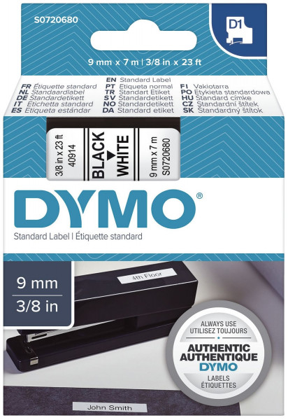 Dymo® 40913 Schriftband D1, Kunststoff, laminiert, 7 m x 9 mm, Schwarz/Weiß