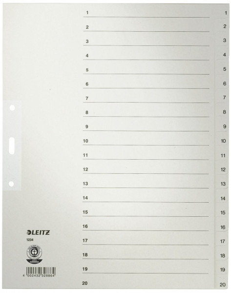Leitz 1234 Zahlenregister 1-20 Papier A4 Überbreite, 20 Blatt, grau