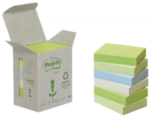 Post-it® Recycling Notes, Rainbow pastell - 38 x 51 mm, 6 x 100 Blatt