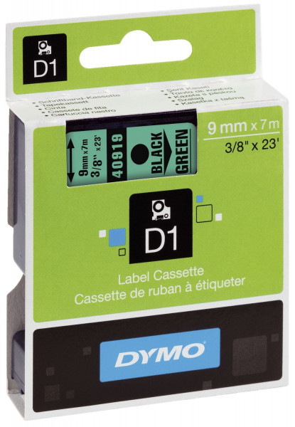 Dymo® 40919 Schriftband D1, Kunststoff, laminiert, 7 m x 9 mm, Schwarz/Grün