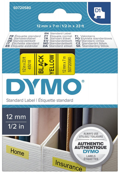 Dymo® 45018, S0720580 Schriftband D1, 12mm x 7 m, schwarz auf gelb,