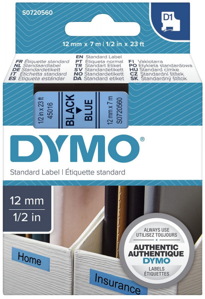 Dymo® 45016, S0720560 Schriftband D1, 12mm x 7 m, schwarz auf blau