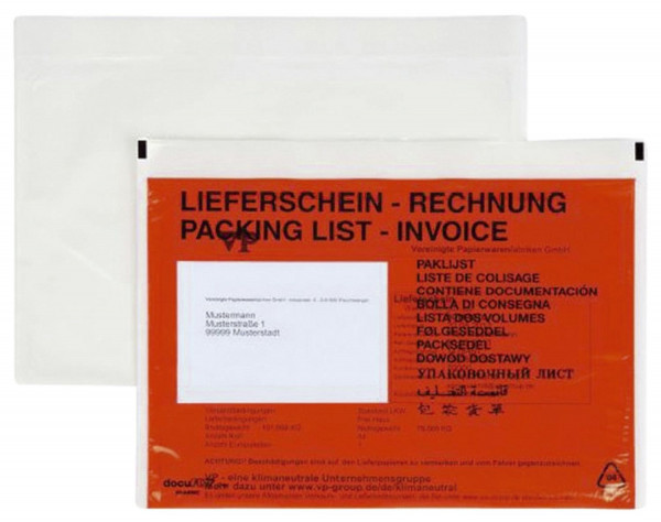 Docufix Begleitpapiertaschen C5 mit Aufdruck LieferscheinRechnung, 250 Stück